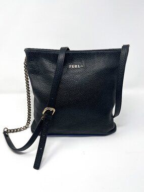 Furla Black Pebbled Leather Crossbody Bag Gold Chain Strap Zip Top Genuine Leath